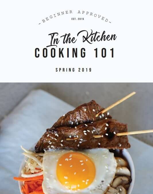 Cooking 101 flyer with skewered steak and egg