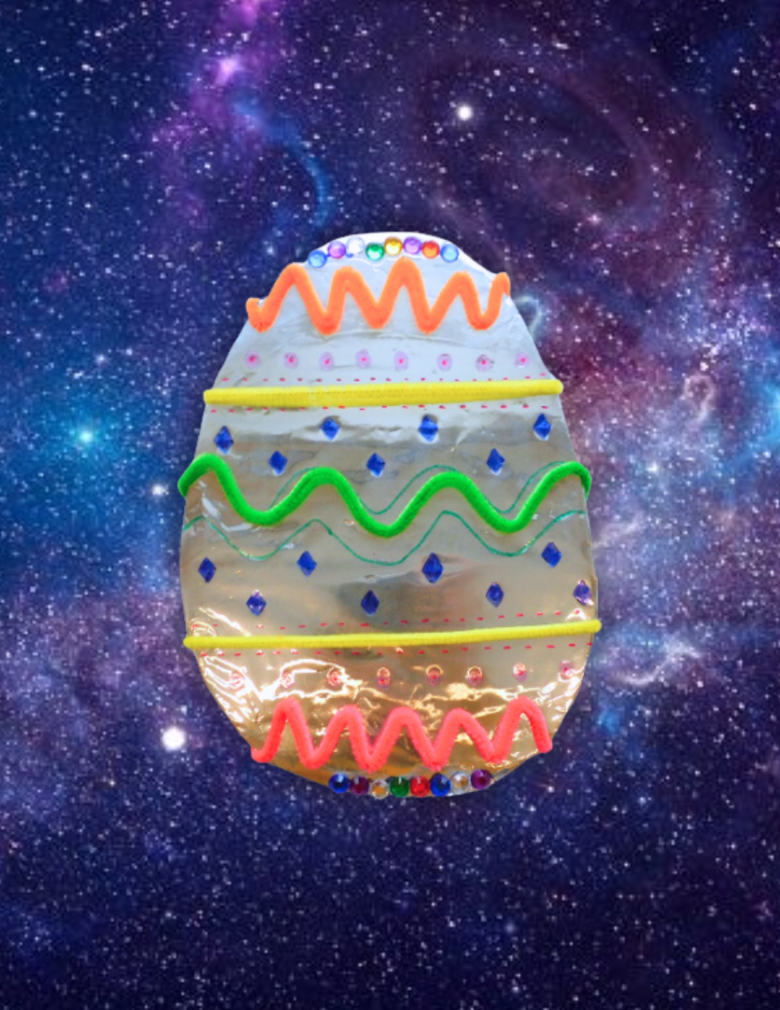 Colorful decorated Easter egg against starry background