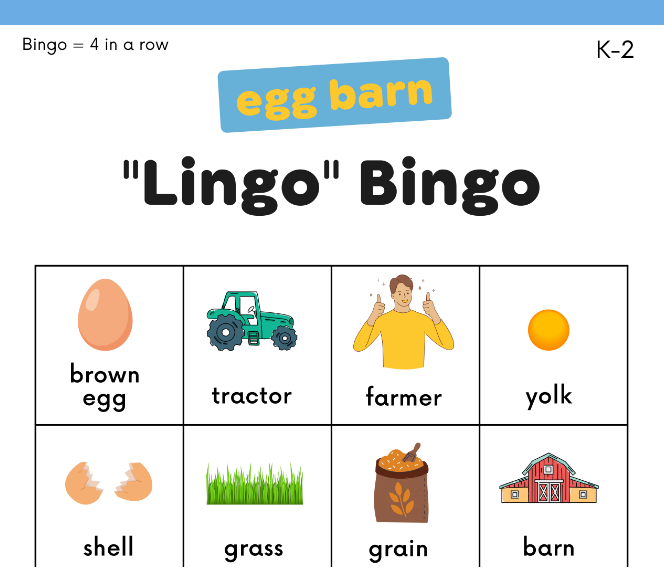 K-2 educational Lingo Bingo game card with farm theme